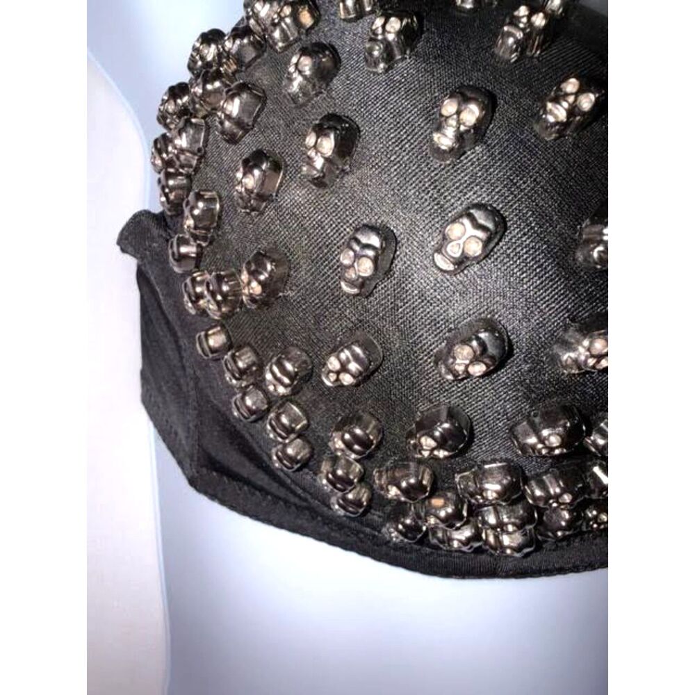 Skull Studded Black & Silver Push-Up Bra - Size Large | Punk Goth Glam Grunge